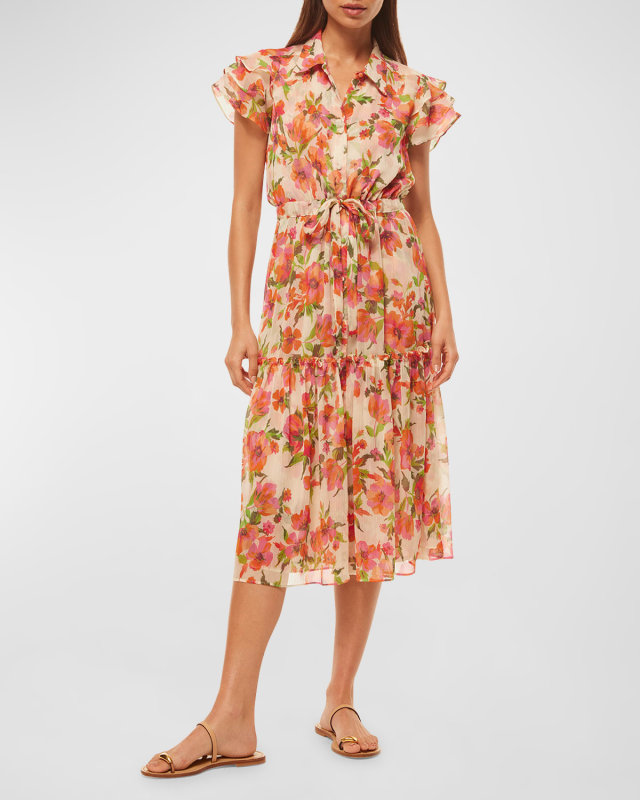 Viola Ruffle-Sleeve Tie-Waist Collared Midi Dress