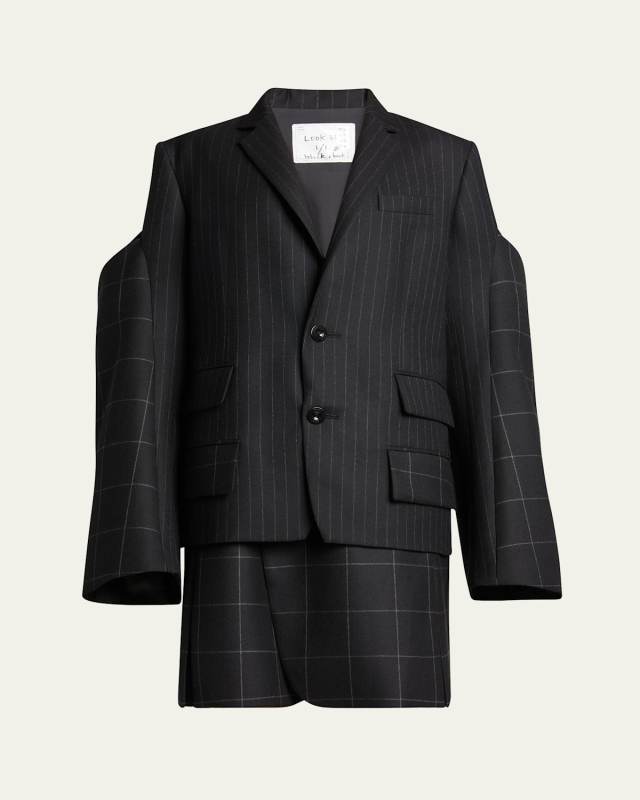 Pinstripe Windowpane Wool Blazer with Oversized Sleeves