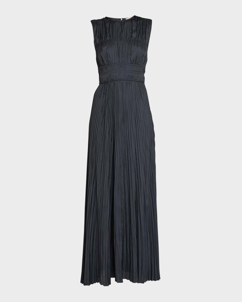 Delia Sleeveless Pleated Satin Gown