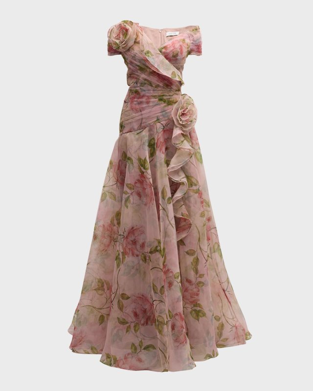 Pleated Off-Shoulder Floral-Print Organza Gown