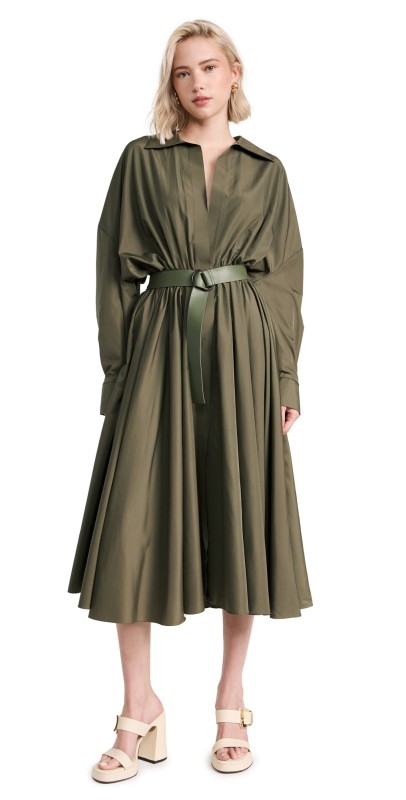 Norma Kamali Oversized Boyfriend Neck Shirt Flared Dress Military