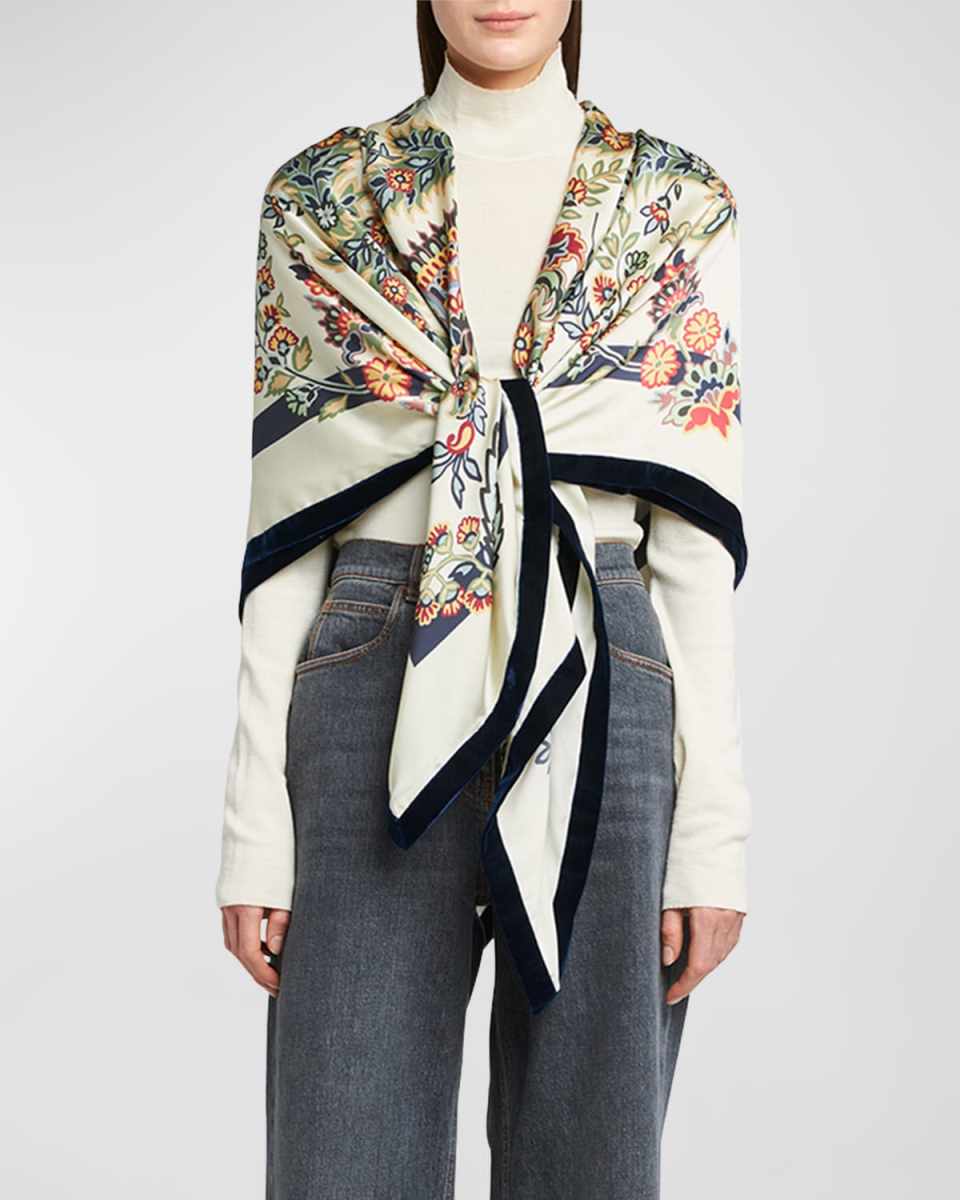 Floral Silk Shawl With Velvet Trim