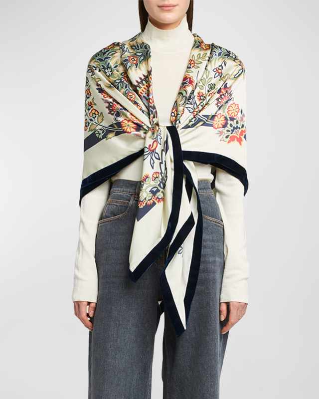 Floral Silk Shawl With Velvet Trim
