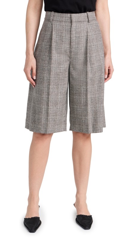 Vince High Rise Wool Blend Plaid Shorts Heritage Grey