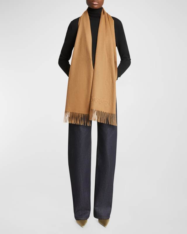 Embroidered Logo Fringe Cashmere Scarf