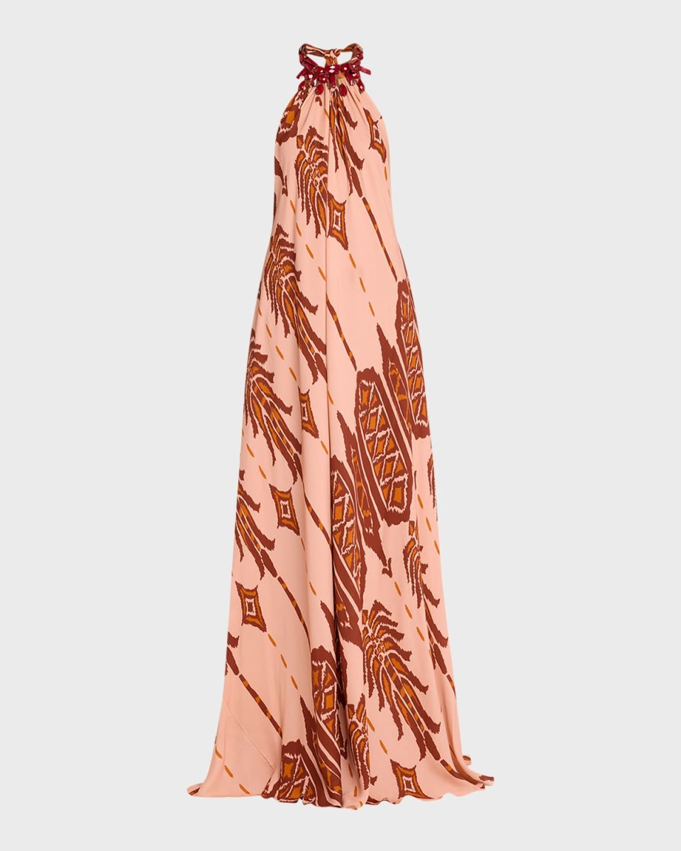Mohican Song Embellished Halter Silk Maxi Dress