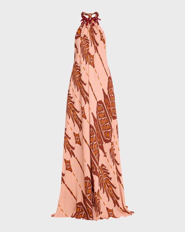 Mohican Song Embellished Halter Silk Maxi Dress