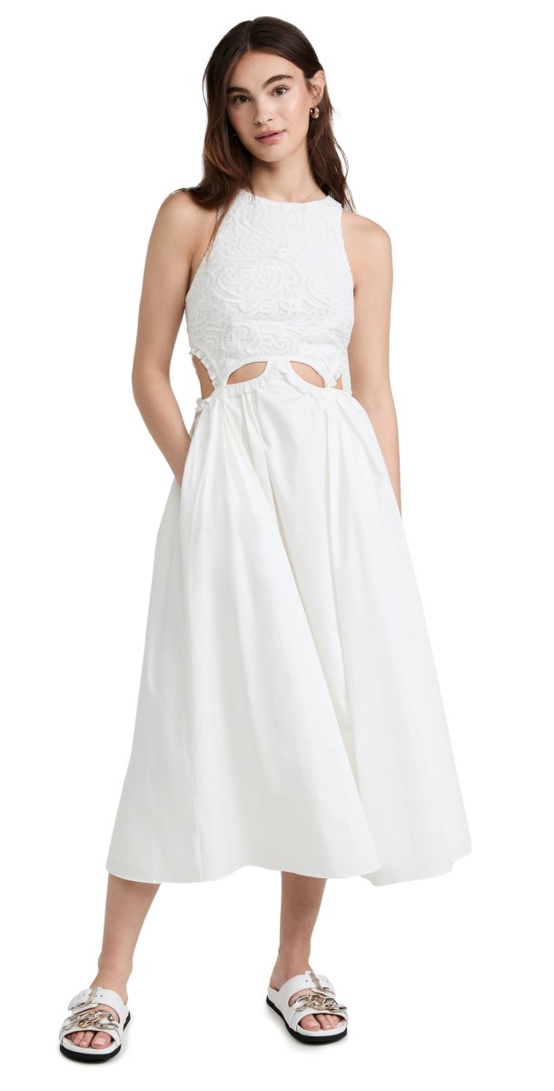 Self Portrait White Cotton Cutout Midi Dress White