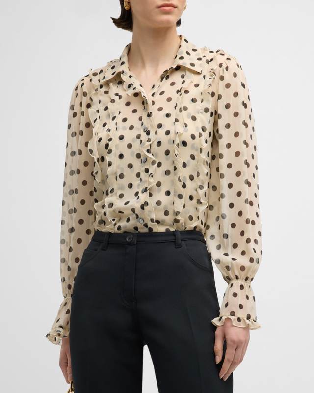 Estelle Ruffled Polka-Dot Button-Front Top
