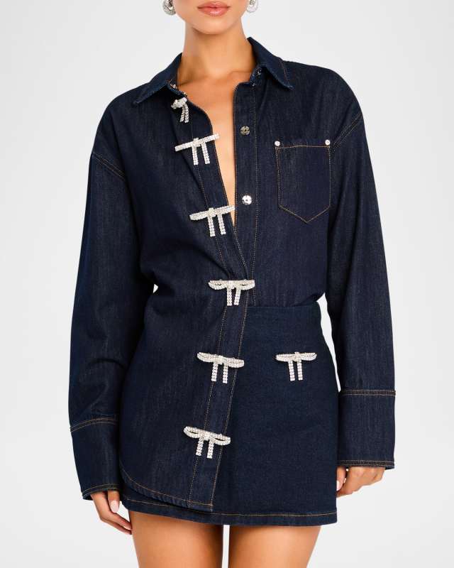 Hessa Denim Shirt with Crystal Bows