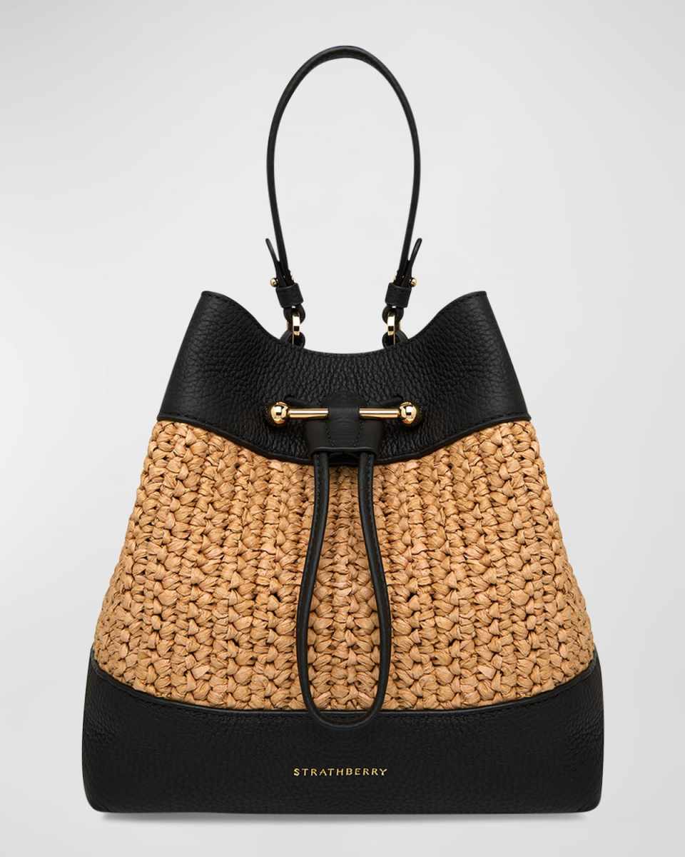 Lana Osette Midi Raffia & Leather Bucket Bag