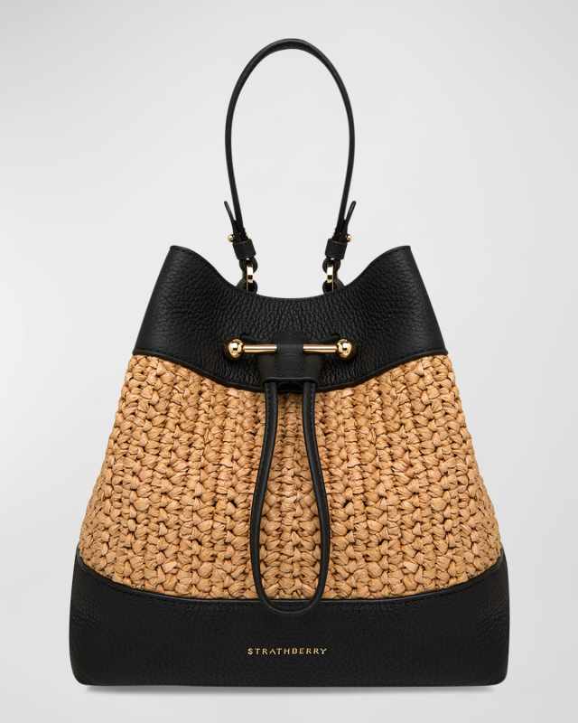 Lana Osette Midi Raffia & Leather Bucket Bag