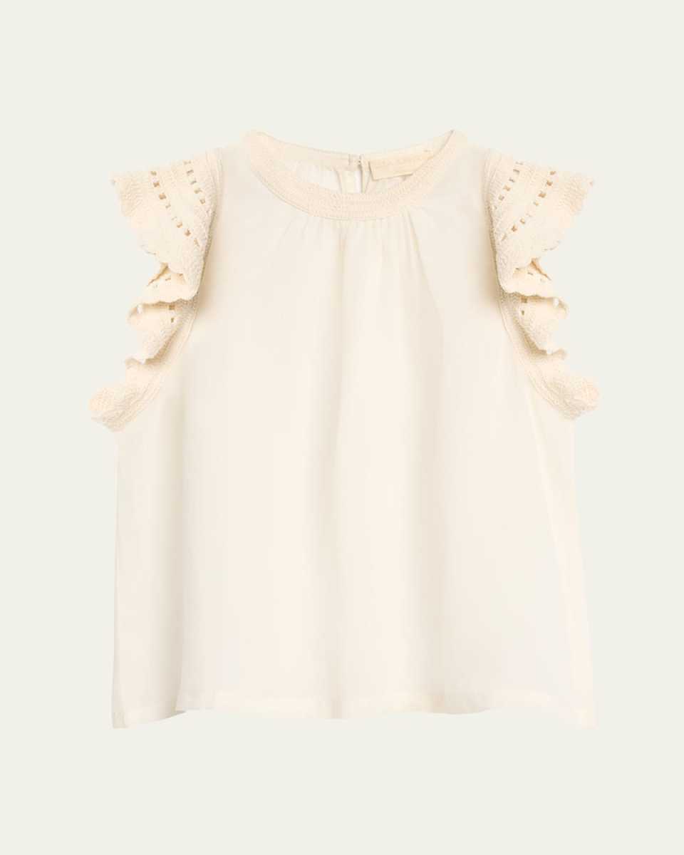 Kai Ruffled Crochet-Sleeve Top
