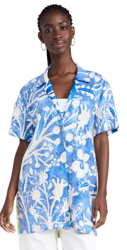 Rosie Assoulin Hawaii R-O Sequin Shirt Marine Blue