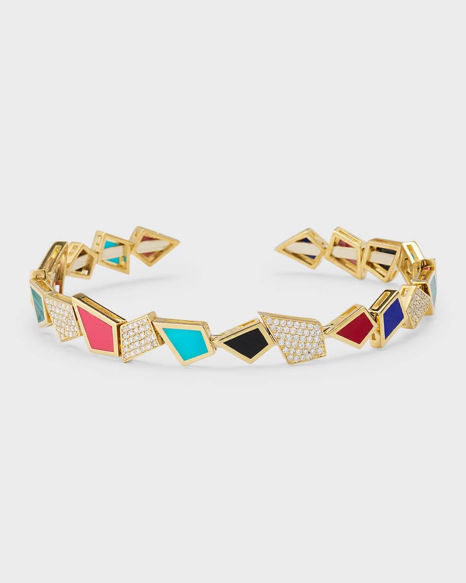 18K Yellow Gold Fragments Diamond And Coral Bangle Bracelet