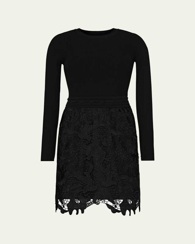 Katie Ribbed Knit & Floral Lace Mini Dress