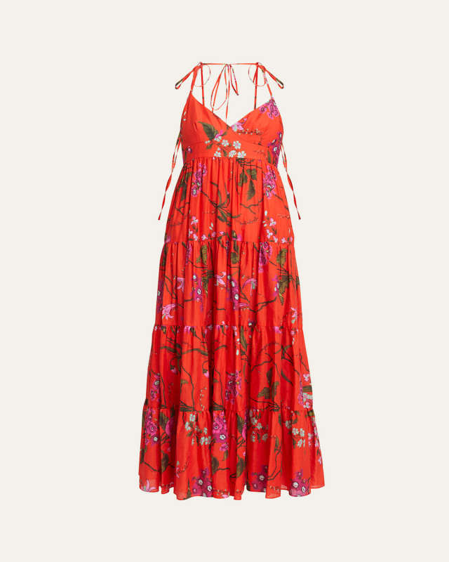 Floral-Print Strappy Ties Tiered Midi Dress