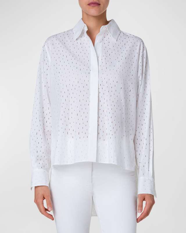 Lasercut Grid Cotton Poplin High-Low Collared Shirt