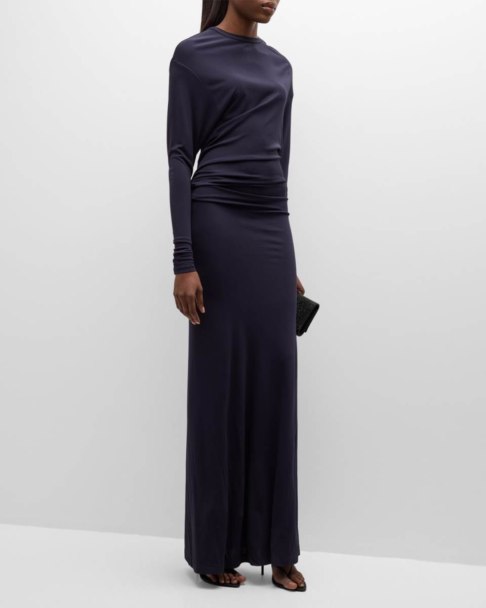 Side Cowl Long-Sleeve Dress