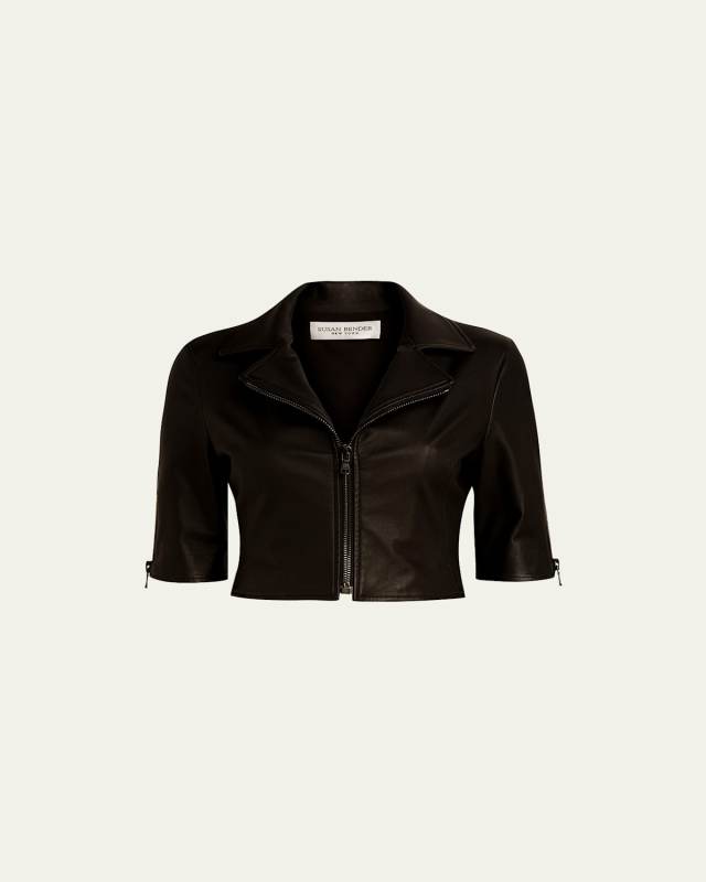 Short-Sleeve Cropped Leather Moto Jacket
