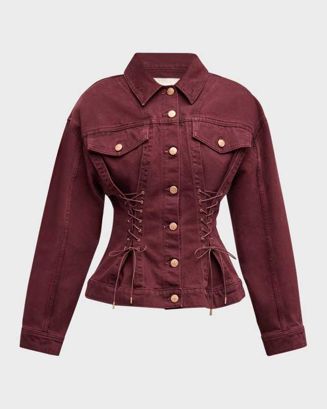 Naomi Lace-Up Nipped-Waist Denim Jacket