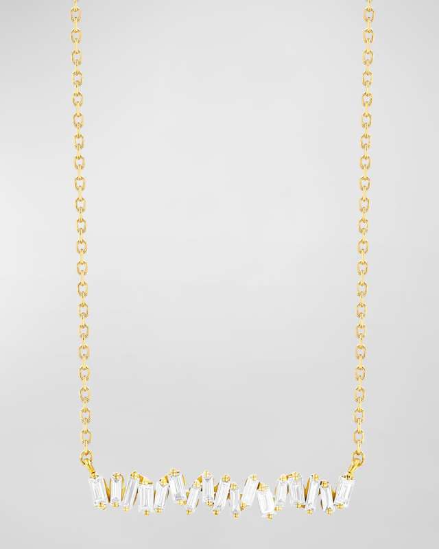 18k Yellow Gold Classic Fireworks Bar Necklace with Diamond Baguettes
