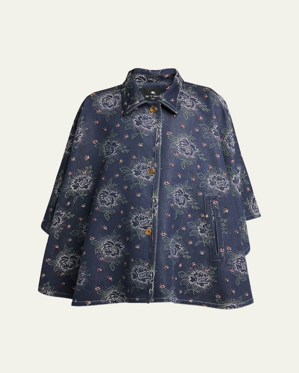 Denim Embroidered Floral Cape