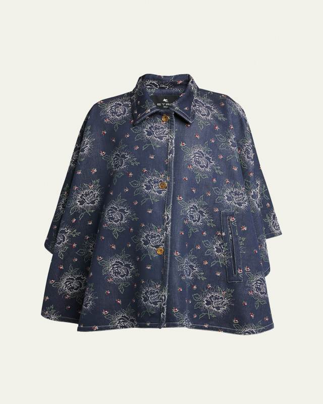 Denim Embroidered Floral Cape
