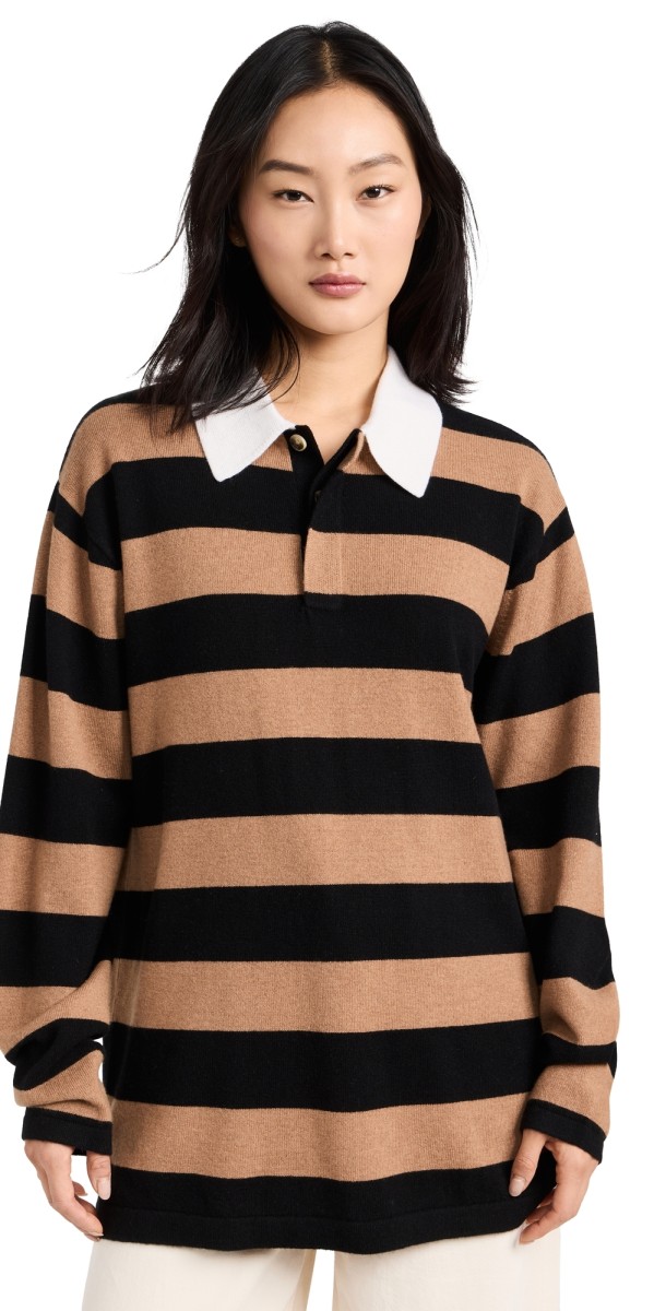 Guest in Residence Striped Rugby Cashmere Sweater Almond/Black