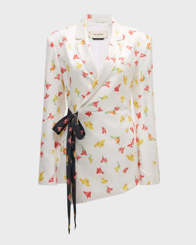 Monrow Butterfly-Print Satin Wrap Blazer Jacket