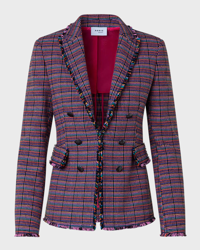Multicolor Grid Check Tweed Double-Breasted Illusion Jacket