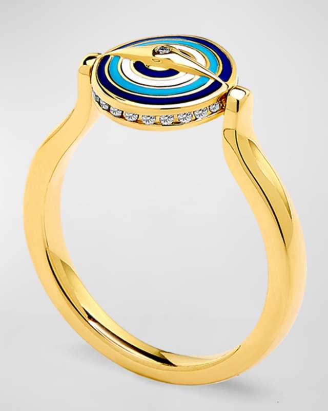 18K Yellow Gold Small Enamel Evil Eye Flip Ring, Size