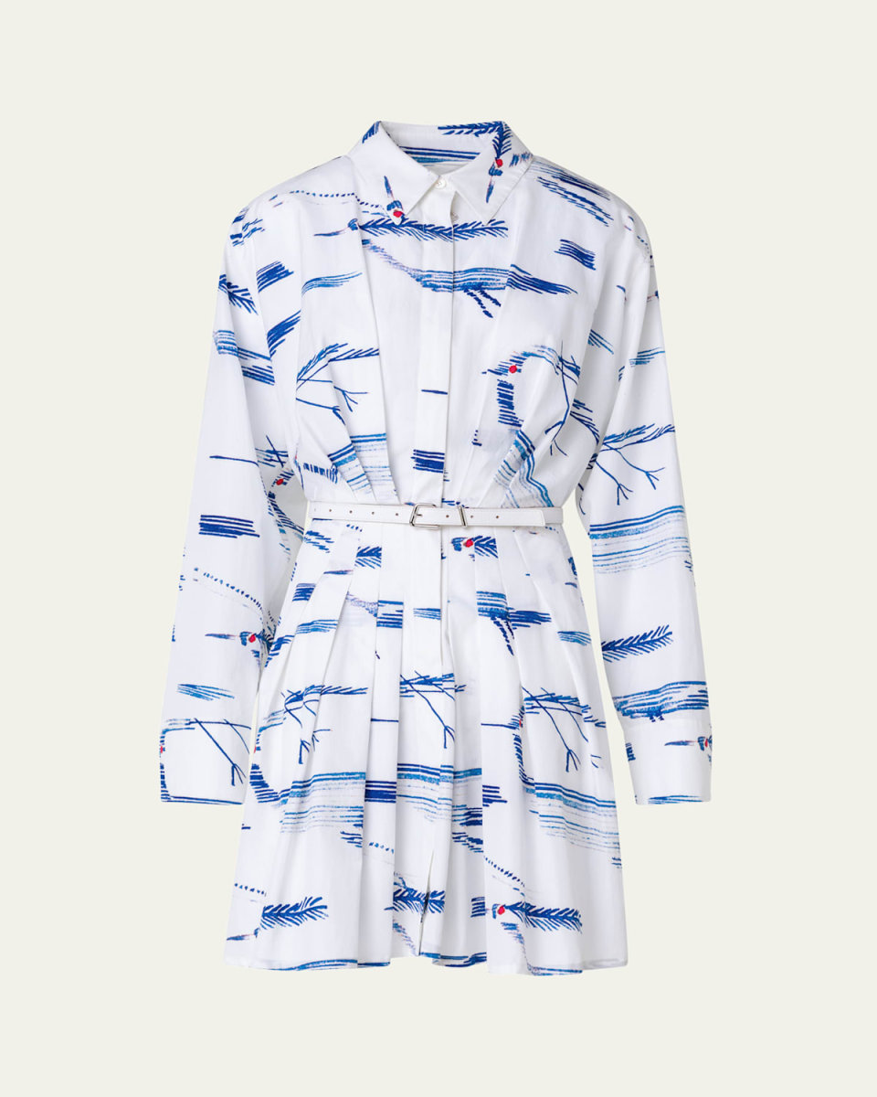 Cotton Poplin Belted Shirtdress in Kasuri Birds Print