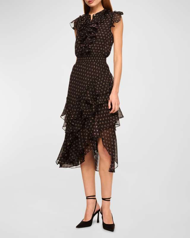 Ilysa Asymmetric Ruffle Chiffon Midi Dress