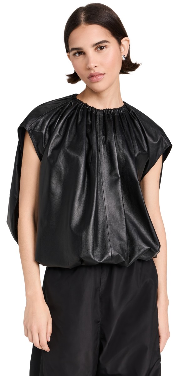 Tibi Feather Weight Leather Shirred Neck Circular Top Black