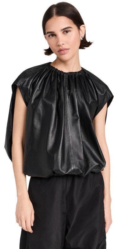 Tibi Feather Weight Leather Shirred Neck Circular Top Black