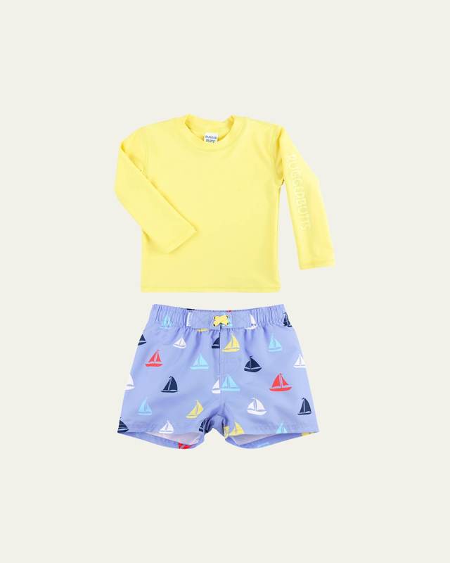 Boy's Yellow Rashguard and Boat Swim Trunks Set, Size 3M-