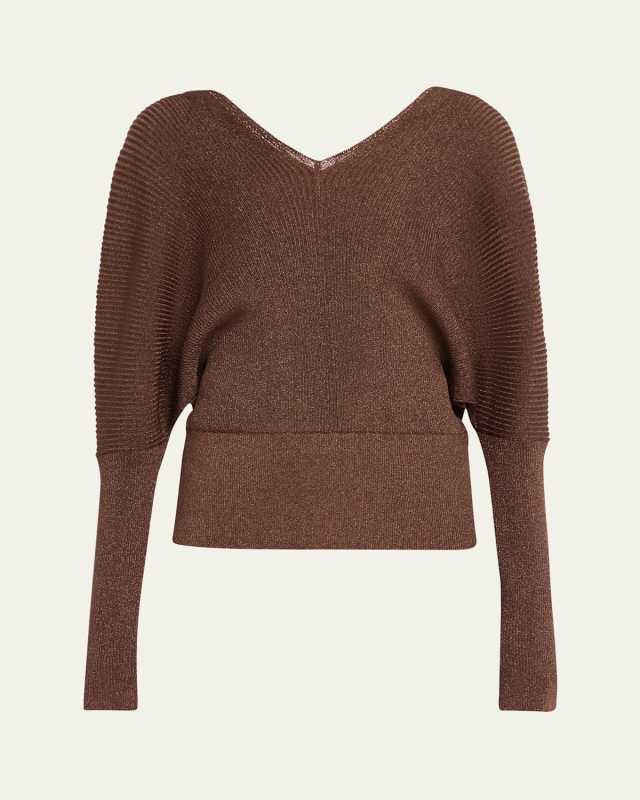 Ribbed Shimmer Dolman-Sleeve Sweater