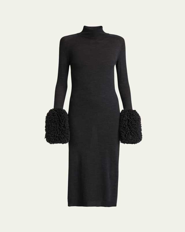 Bubble-Cuff Long-Sleeve Midi Sweater Dress
