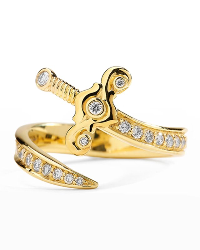 18K Yellow Gold Diamond Mogul Sword Ring, Size