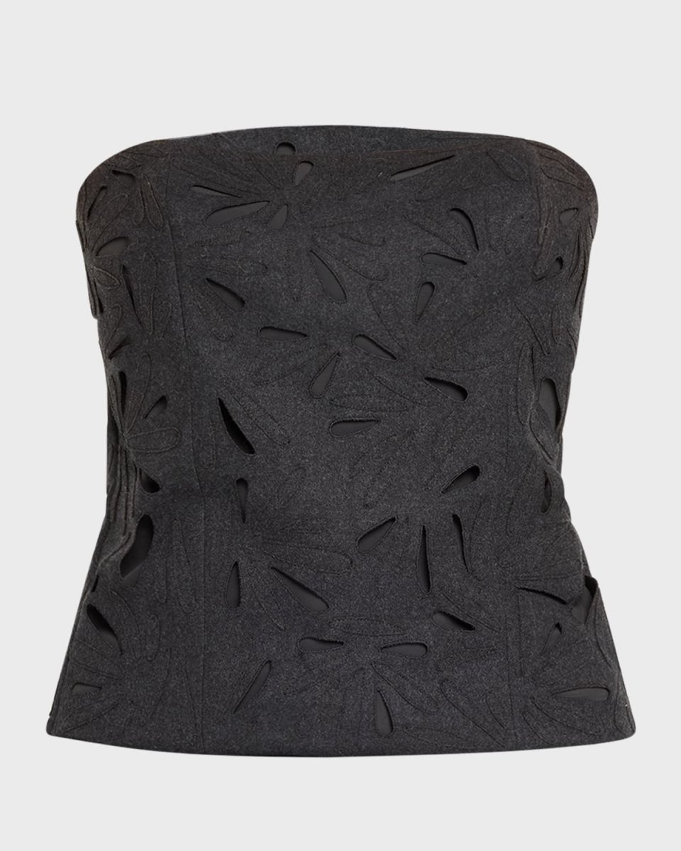 Strapless Flannel Wool Top with Laser-Cut Embroidery