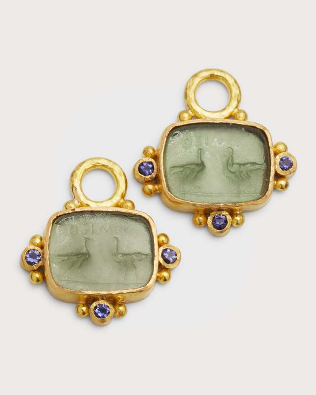 19K Yellow Gold Two Crane Earring Pendants with Stones, Pine Green