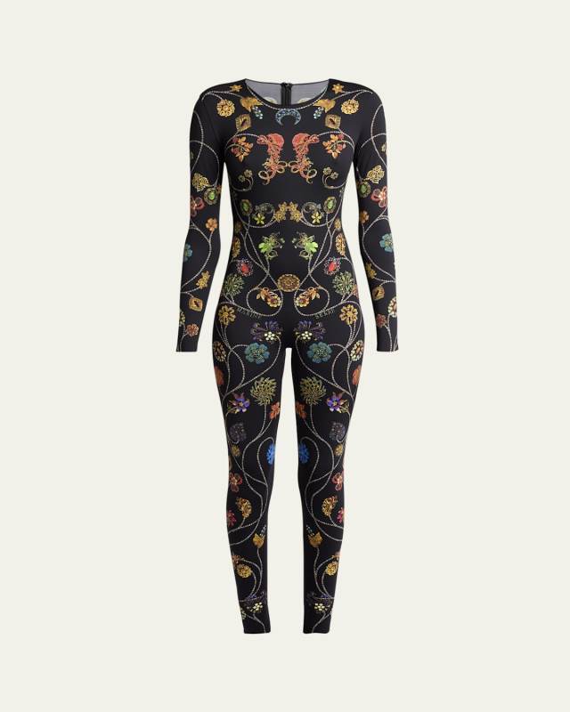 Floral Jewelry-Print Jersey Long-Sleeve Catsuit