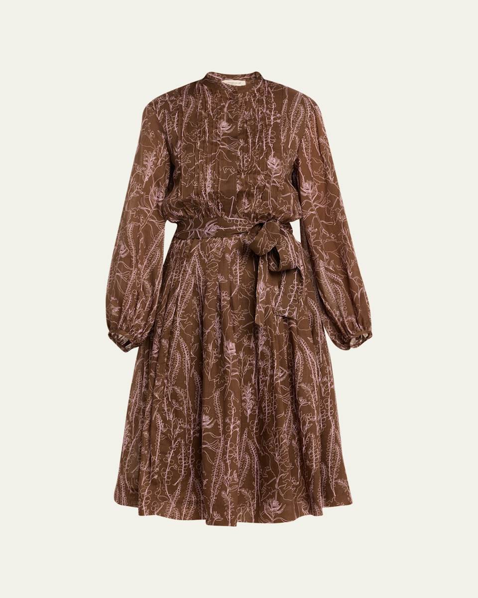 Pleated Floral-Print Pintuck Midi Dress