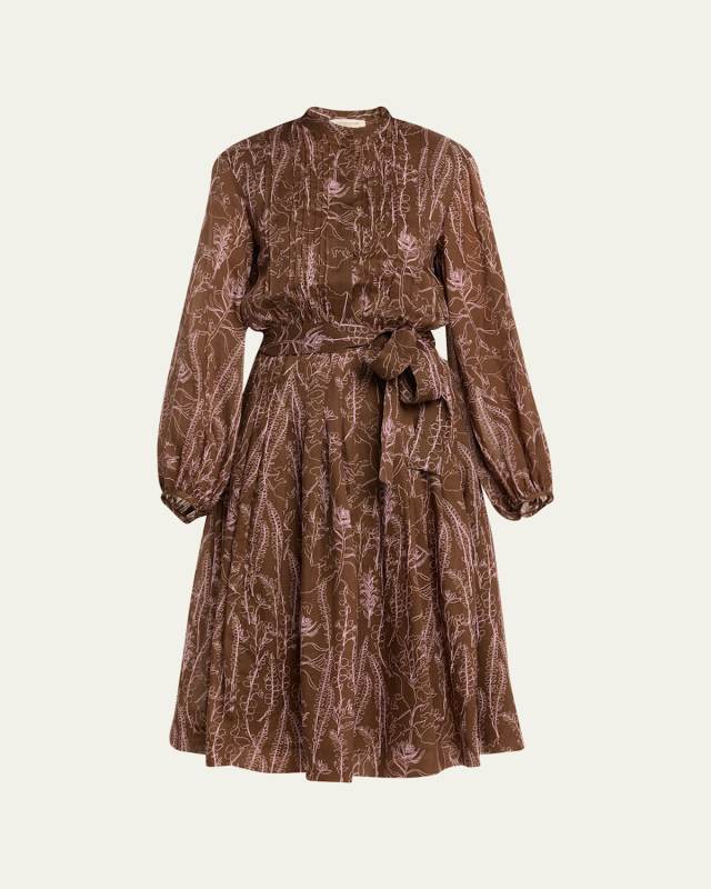 Pleated Floral-Print Pintuck Midi Dress