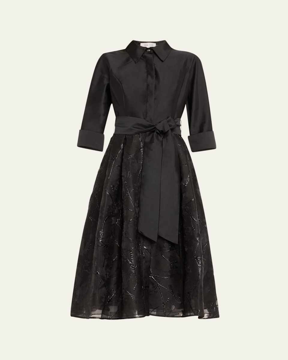 Tie-Waist Jacquard Taffeta Midi Shirtdress