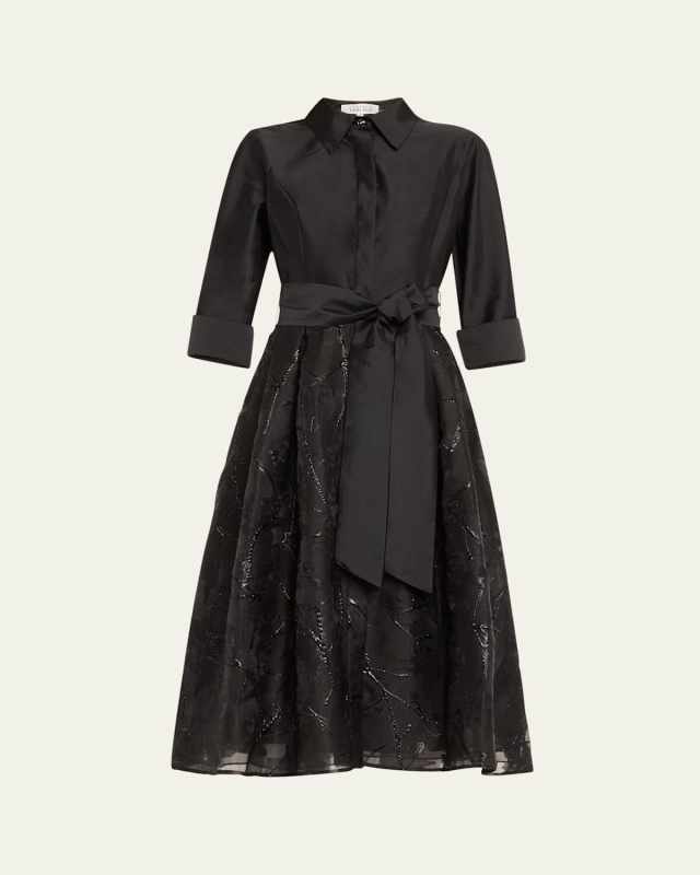 Tie-Waist Jacquard Taffeta Midi Shirtdress