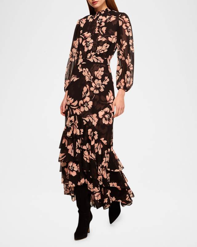 Aubrey Tiered Ruffle Floral Chiffon Maxi Dress