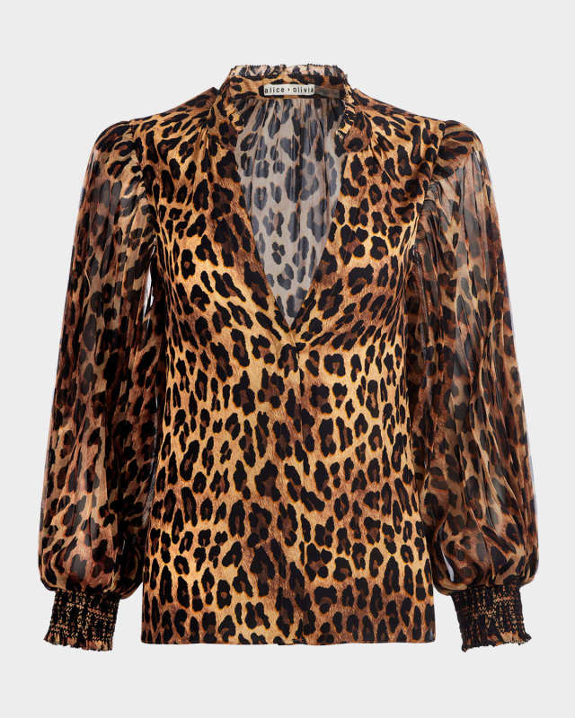 Ilan Leopard Pleated Blouson-Sleeve Blouse