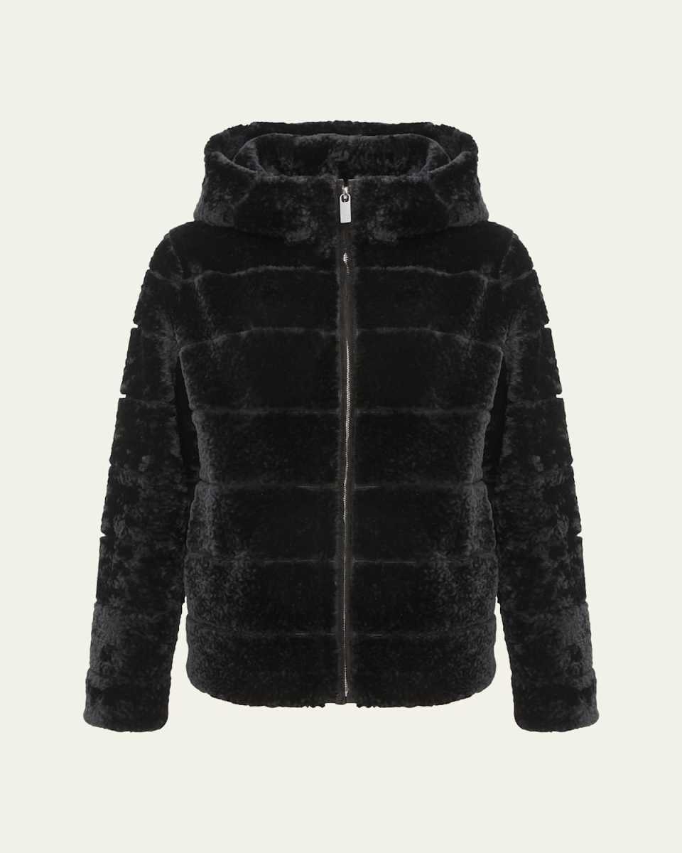 Horizontal Curly Shearling Lamb Zip Hooded Jacket